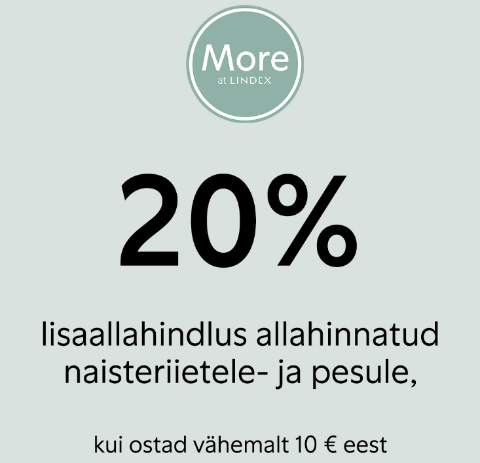 Lisaallahindlus -20% kõigile allahinnatud naisteriietele ja -pesule - Lindex