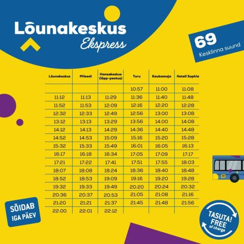 Lõunakeskuse ekspressbussi sõiduplaan - kesklinna suund